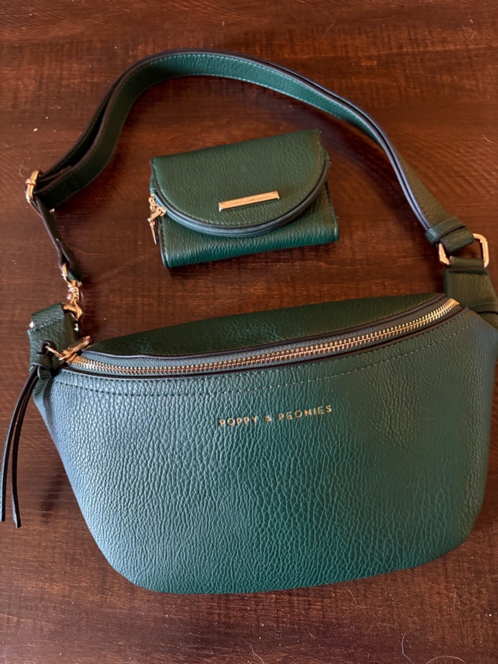 Poppy & Peonies Deep Green Leather Crossbody Belt Bag with Card Pouch